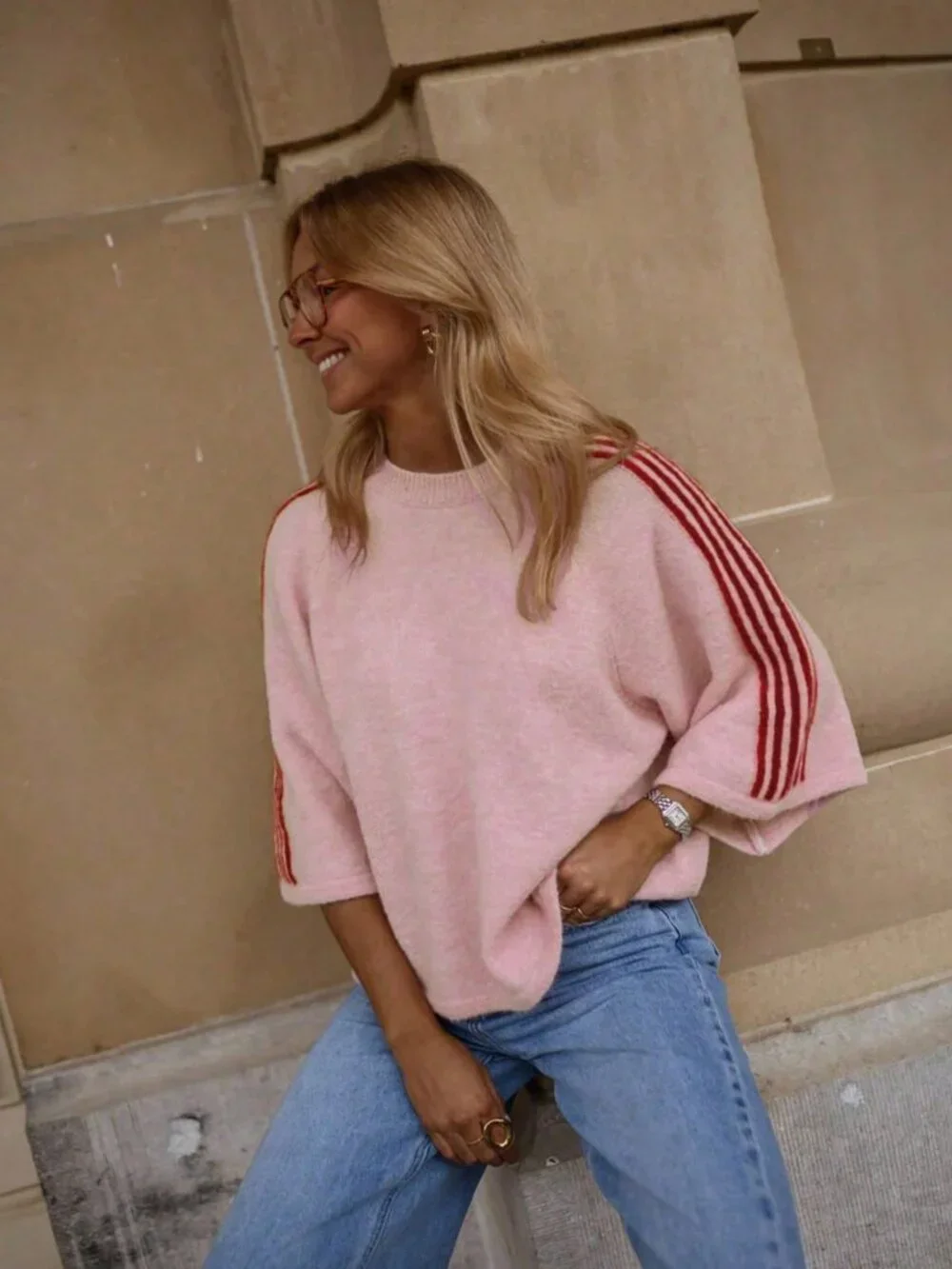 Pink Casual Women's 3/4 Sleeve Striped Round Neck Loose Fuzzy Sporty Sweater - Picture 5 of 10